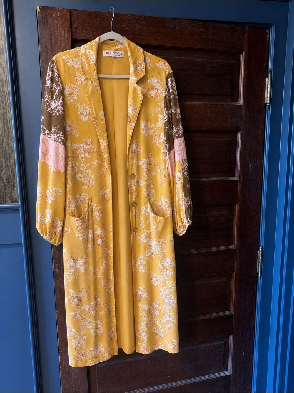 Free People Mustard Yellow Floral Longline Duster